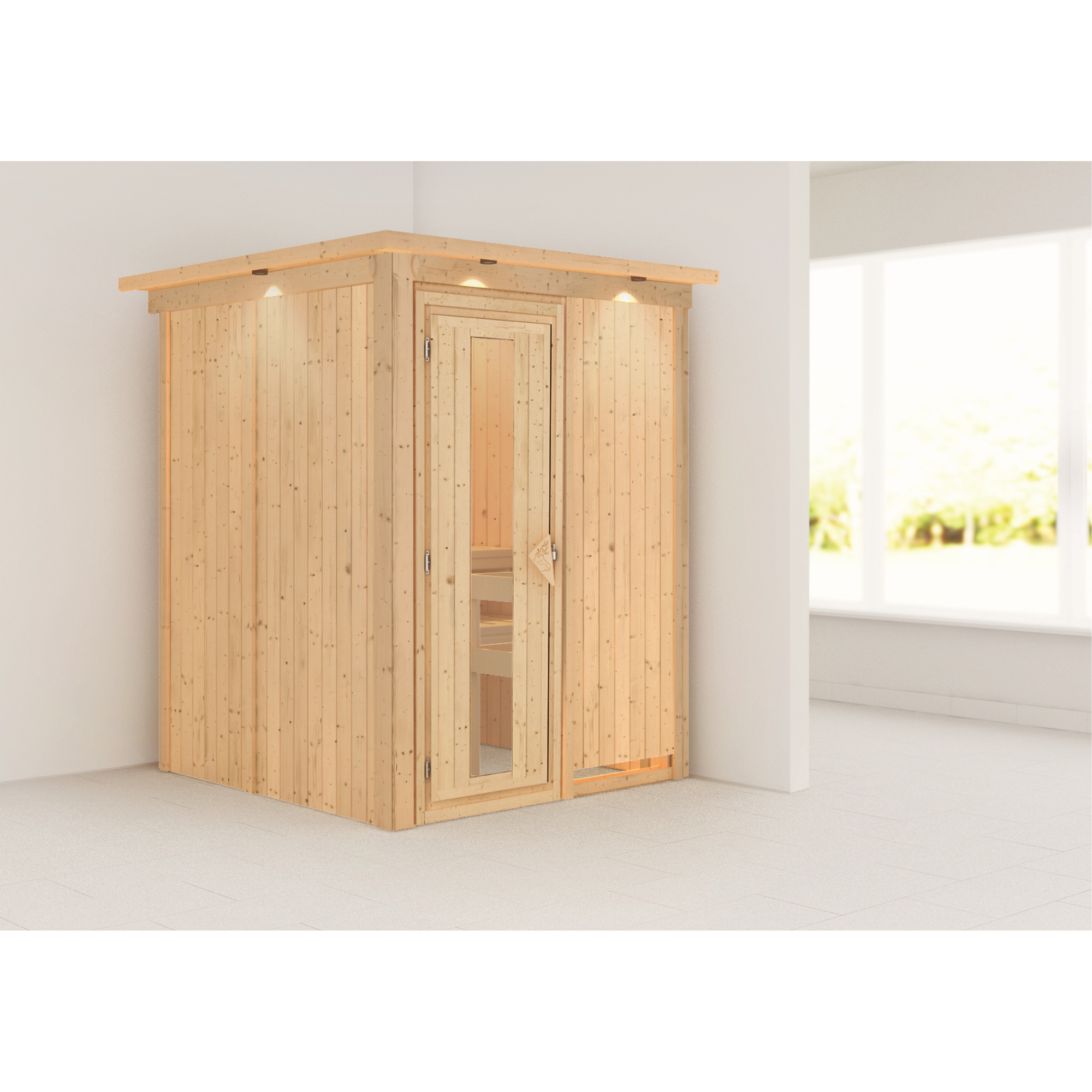 Elementsauna 'Paula' naturbelassen mit Kranz und Energiespartür 165 x 165 x 202 cm + product picture