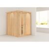 Sauna aus hellem Holz in einem hellen Raum