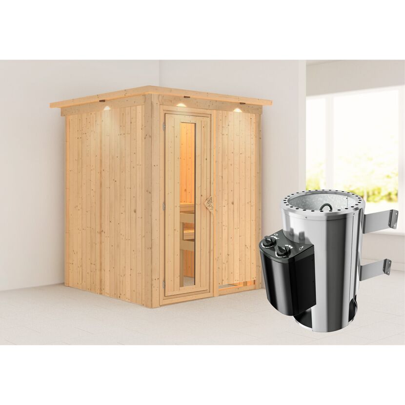 Sauna aus hellem Holz mit Saunaofen