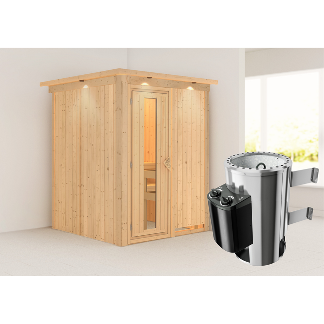 Bild von Elementsauna 'Paula' naturbelassen mit Kranz und Energiespartür 3,6 kW Ofen integrierte Steuerung 165 x 165 x 202 cm