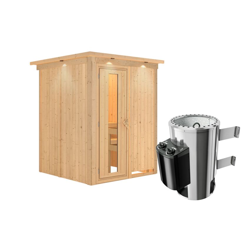 Sauna aus Holz mit Saunaofen