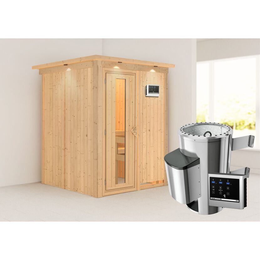 Sauna aus hellem Holz mit Saunaofen