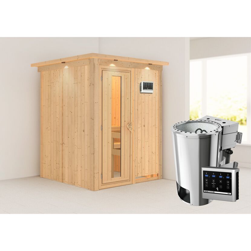 Sauna aus hellem Holz mit Saunaofen