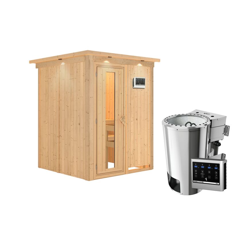 Sauna aus Holz mit Saunaofen
