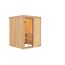 Sauna aus hellem Holz mit geöffneter Tür.