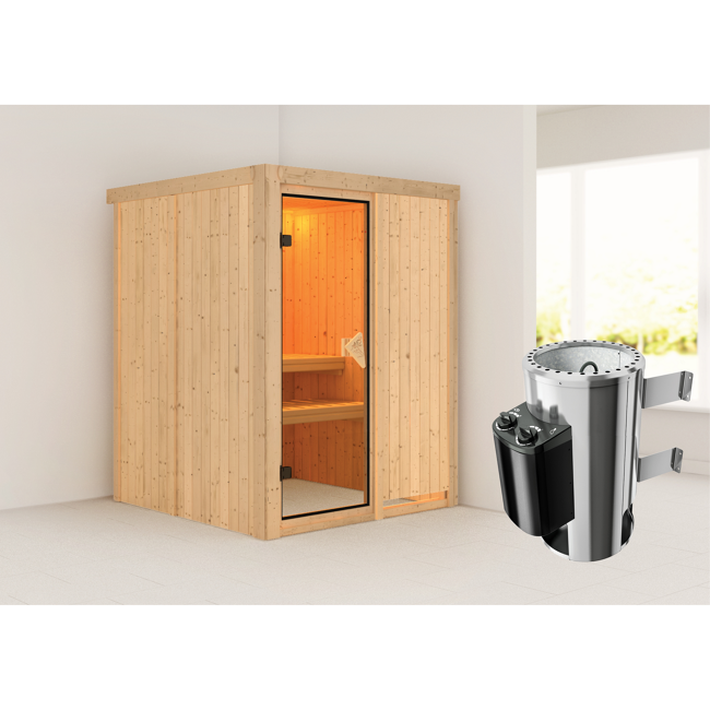 Bild von Elementsauna 'Paula' naturbelassen mit bronzierter Tür 3,6 kW Ofen integrierte Steuerung 151 x 151 x 198 cm
