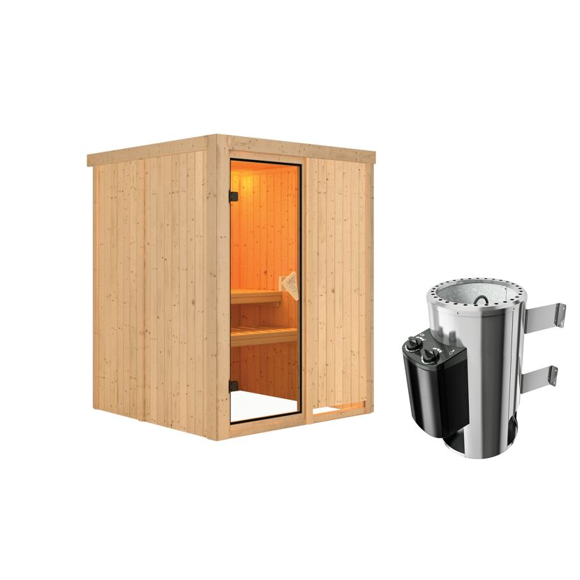 Sauna aus hellem Holz mit Saunaofen