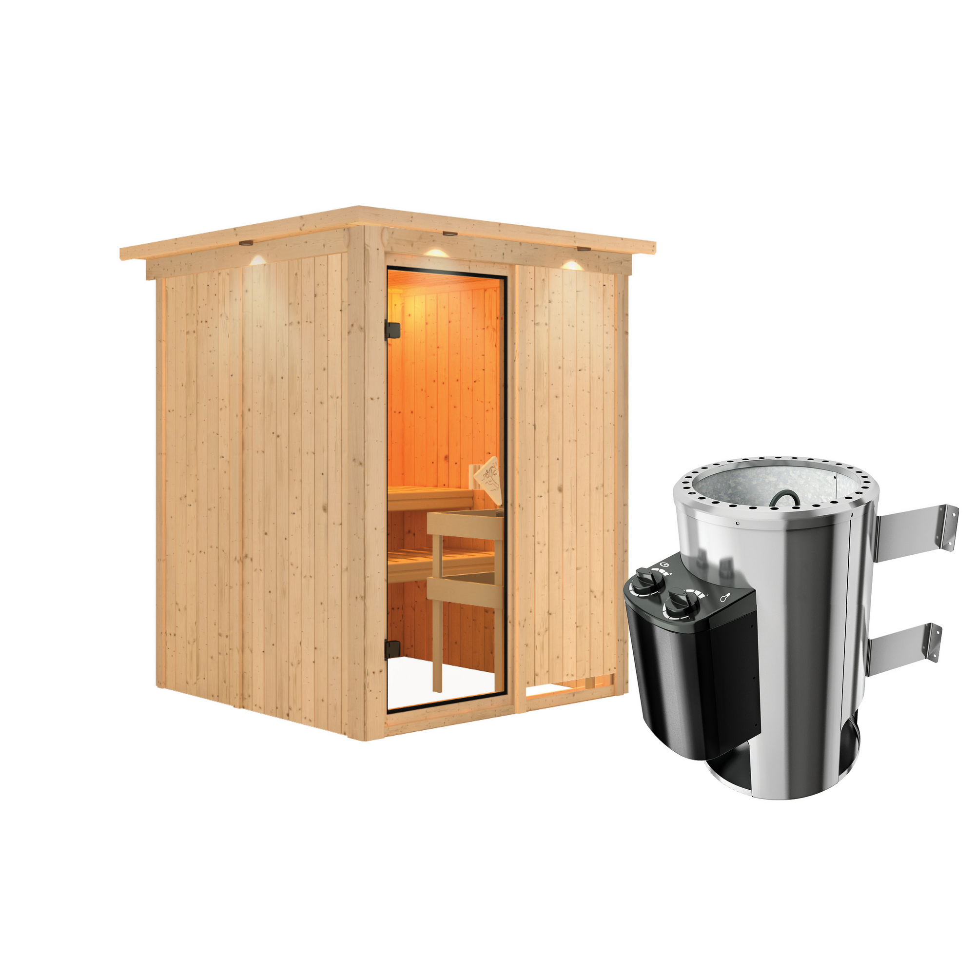 Elementsauna 'Paula' naturbelassen mit Kranz und bronzierter Tür 3,6 kW Ofen integrierte Steuerung 165 x 165 x 202 cm + product picture