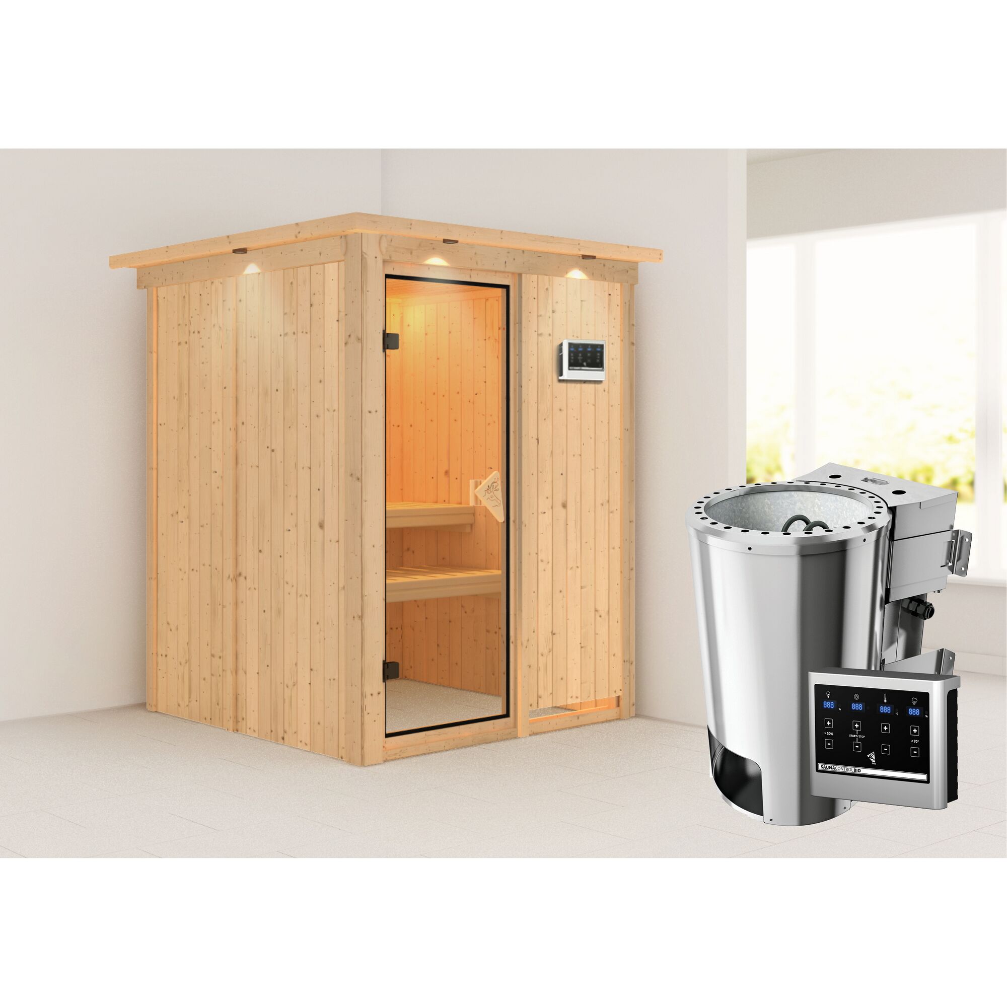 Sauna aus hellem Holz mit Saunaofen