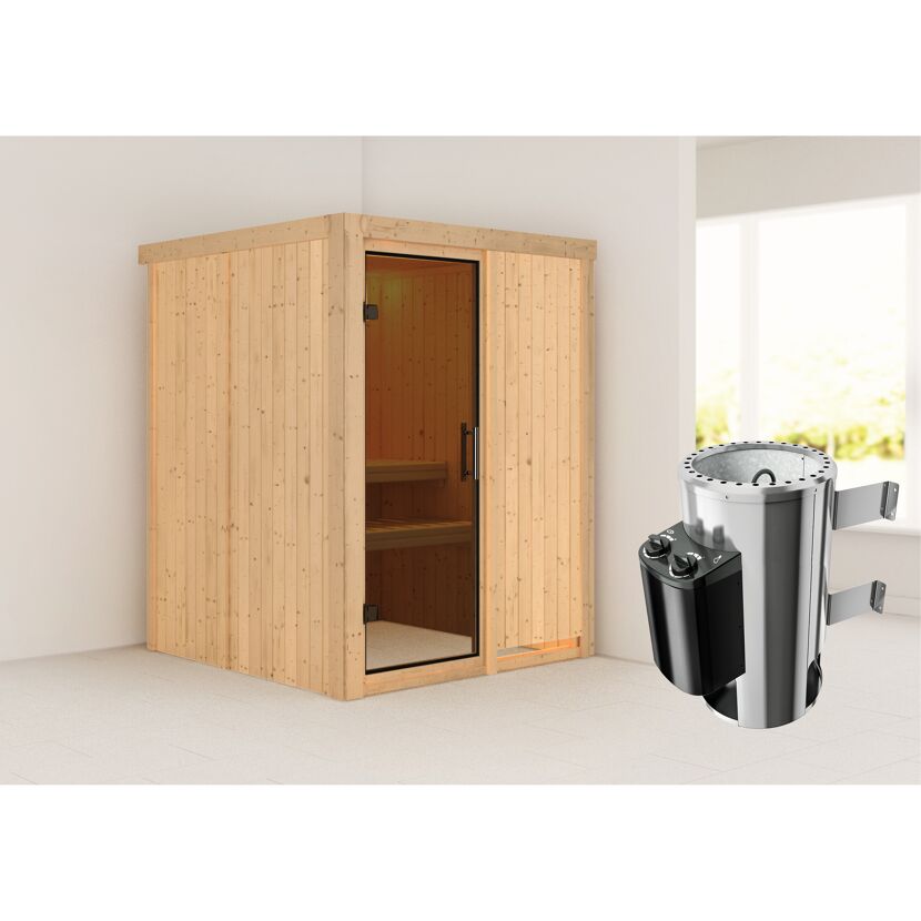 Sauna aus hellem Holz mit Saunaofen