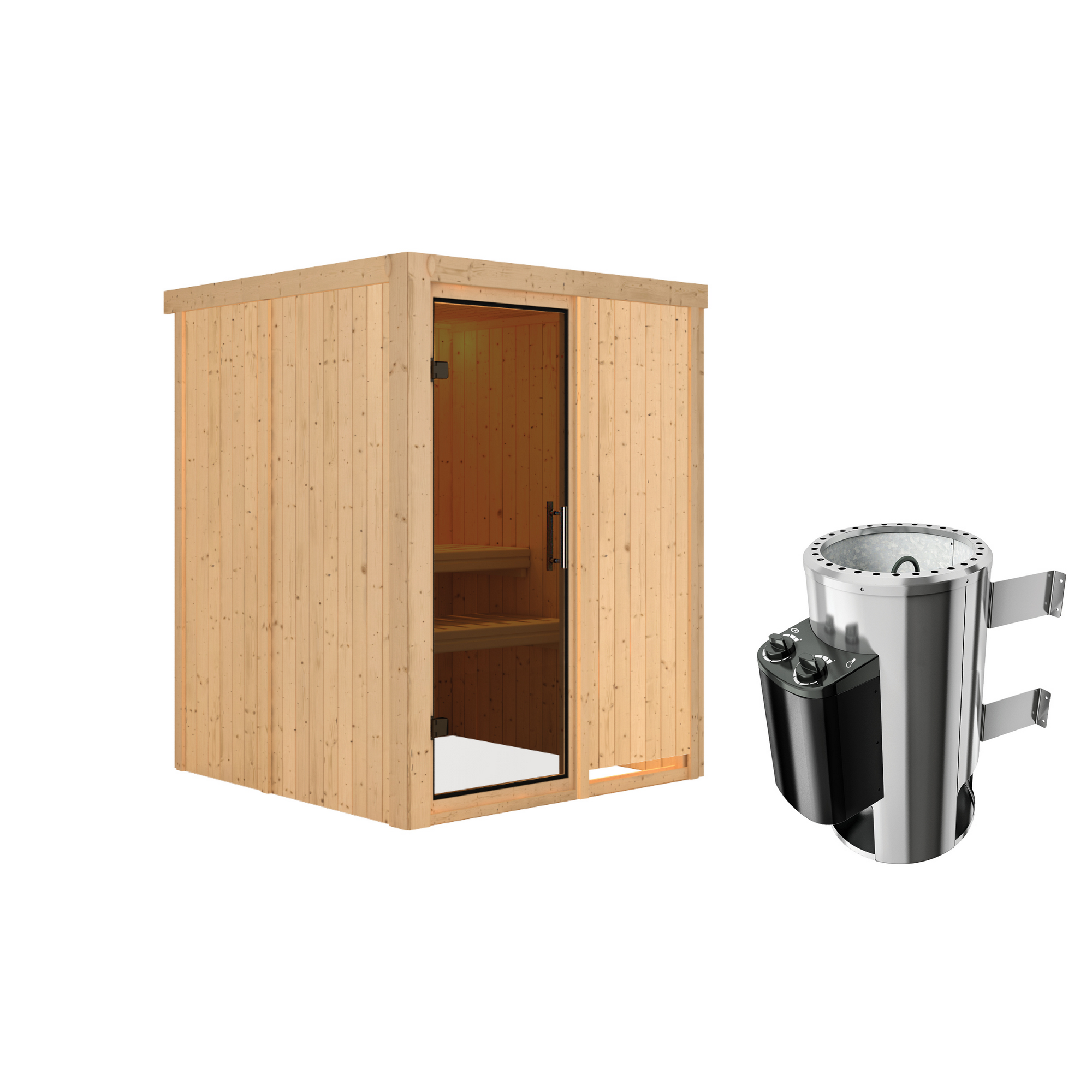 Sauna aus hellem Holz mit Saunaofen