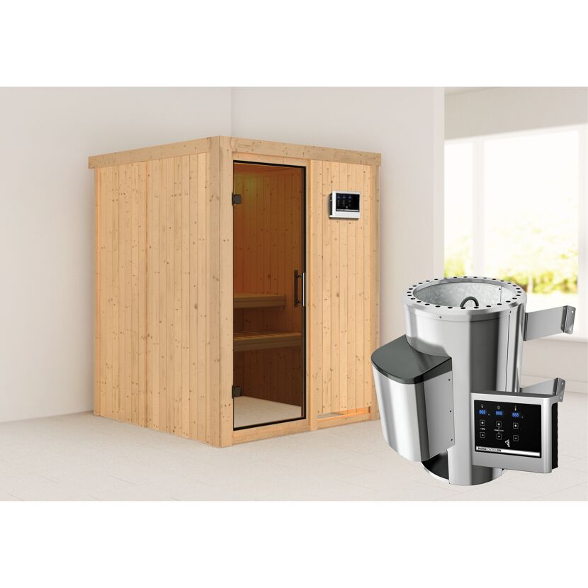 Sauna aus Holz mit Saunaofen
