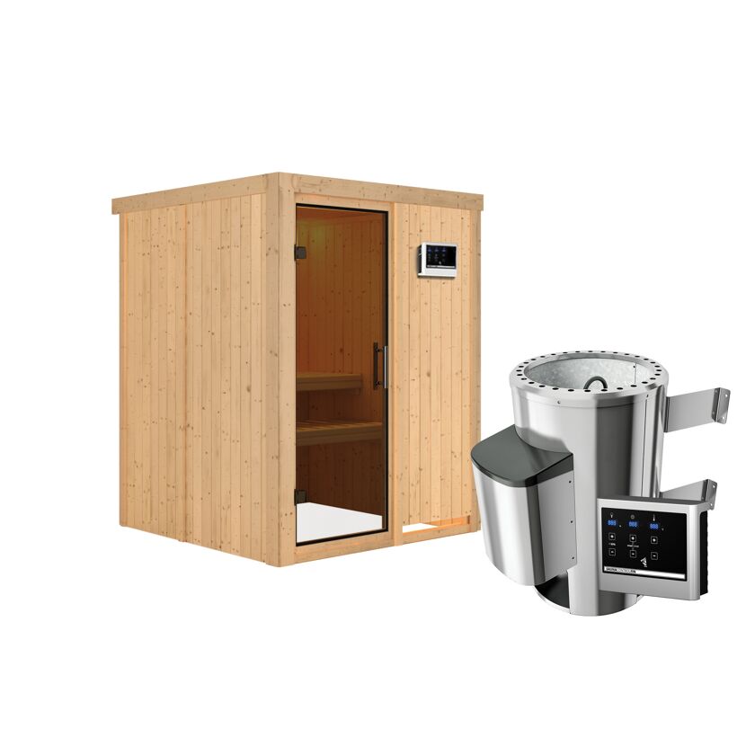 Sauna aus Holz mit Saunaofen