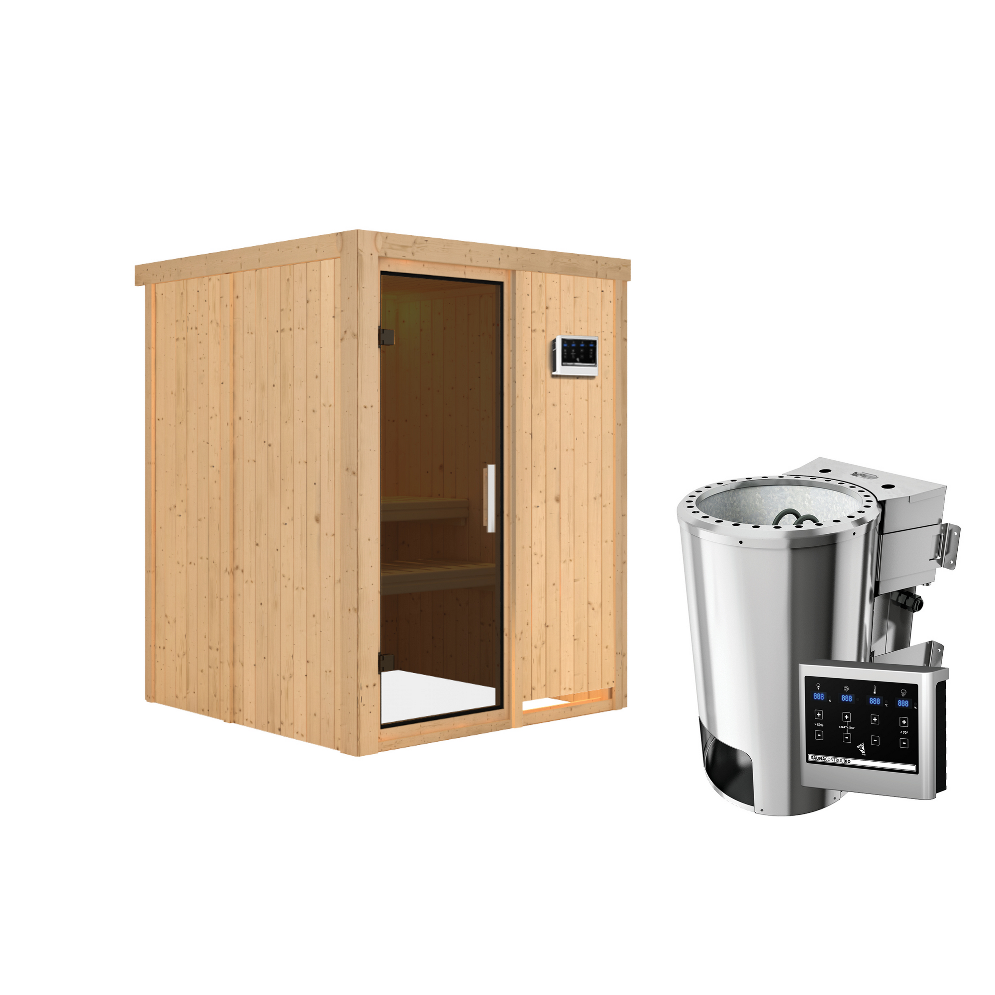 Sauna aus Holz mit Saunaofen