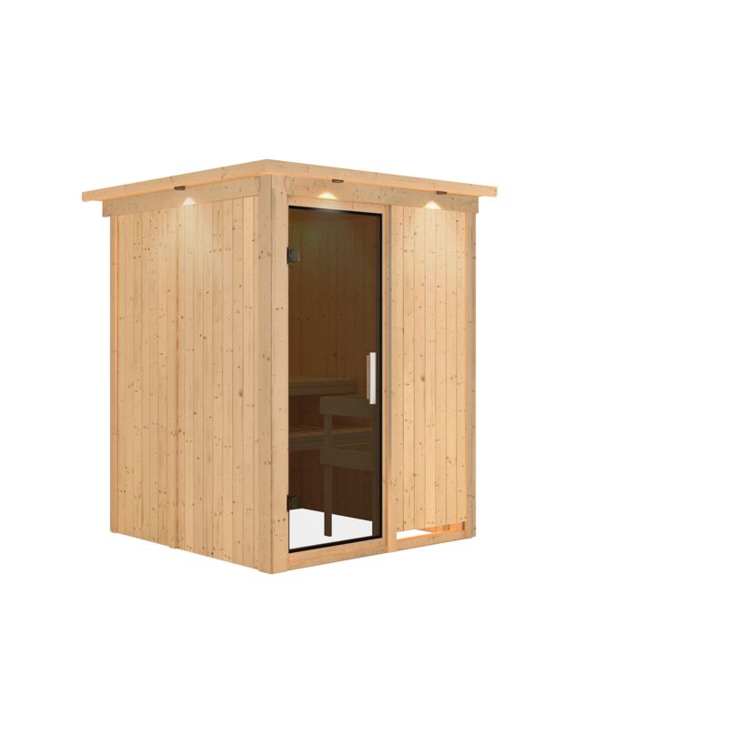 Sauna aus hellem Holz mit Glastür