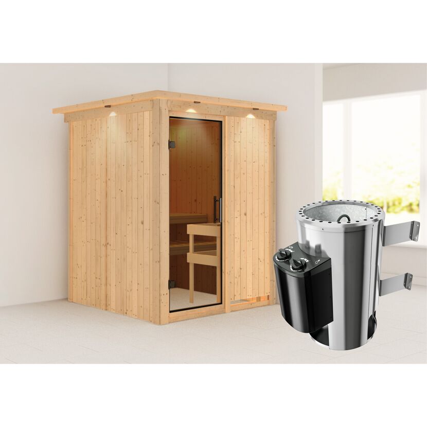 Elementsauna 'Paula' naturbelassen mit Kranz und graphitfarbener Tür 3,6 kW Ofen integrierte Steuerung 165 x 165 x 202 cm