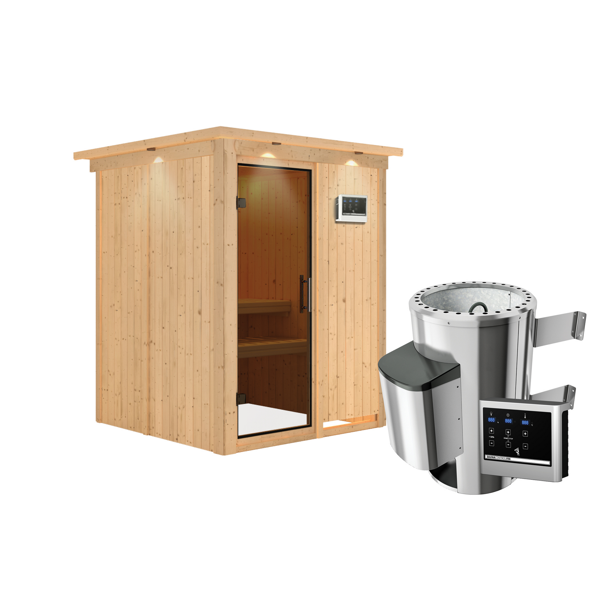 Elementsauna 'Paula' naturbelassen mit Kranz und graphitfarbener Tür mit 3,6 kW Ofen externe Steuerung Easy 165 x 165 x 202 cm + product picture