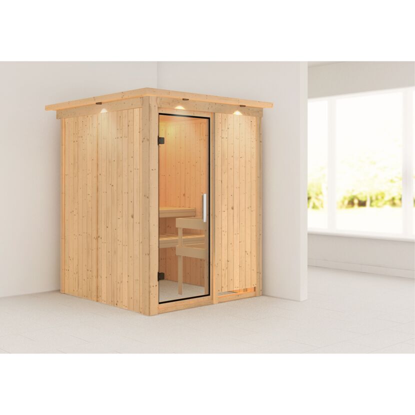 Sauna Paula aus hellem Holz mit Glastür