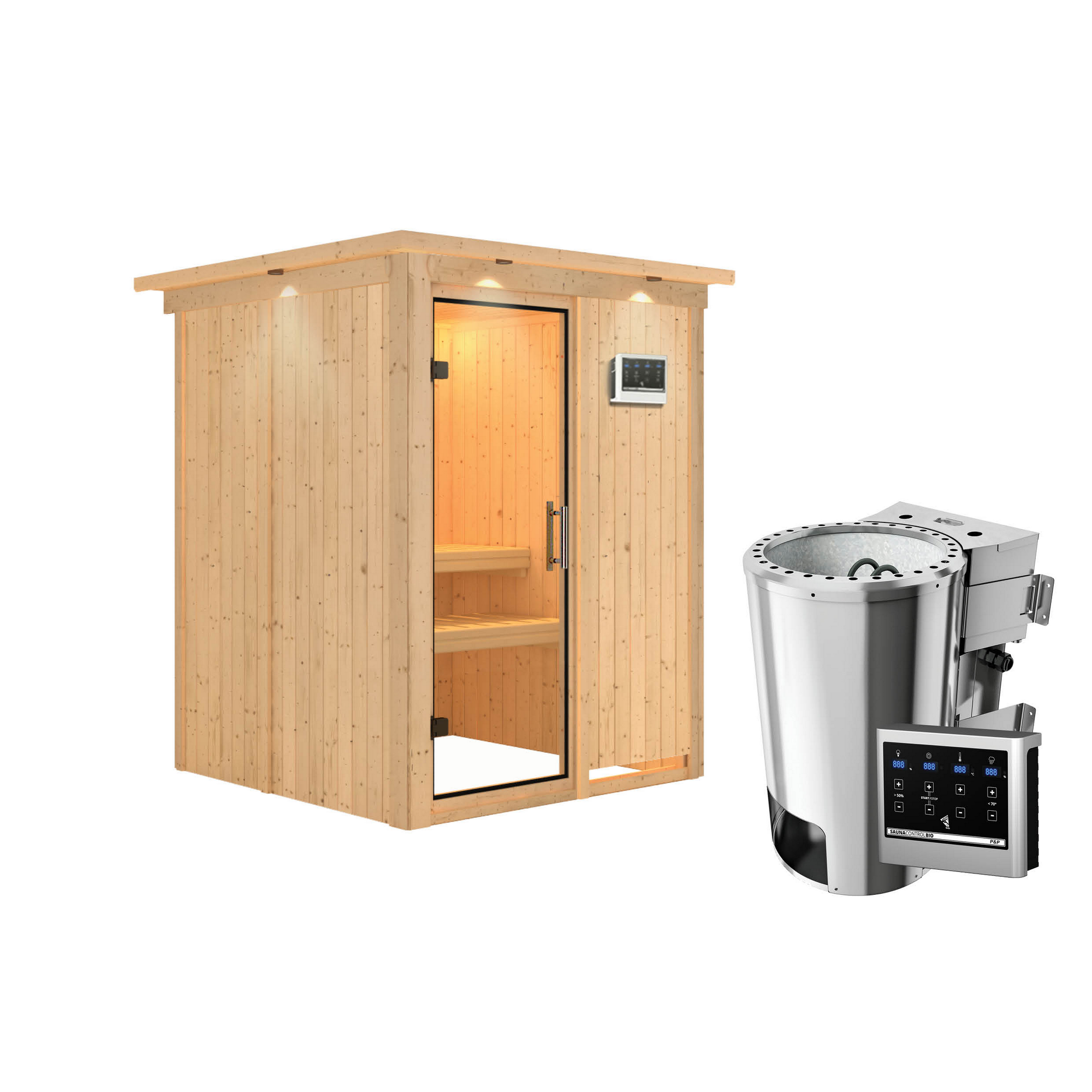 Elementsauna 'Paula' naturbelassen mit Kranz und Klarglastür 3,6 kW Bio-Ofenexterne Steuerung Easy 165 x 165 x 202 cm