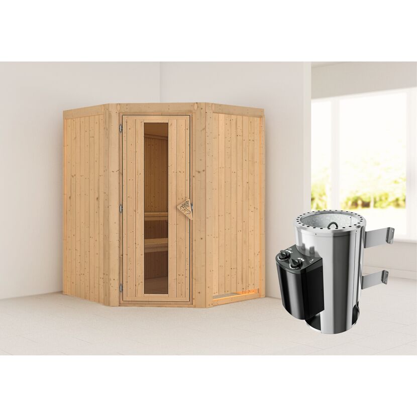 Eck-Sauna aus Holz mit Saunaofen