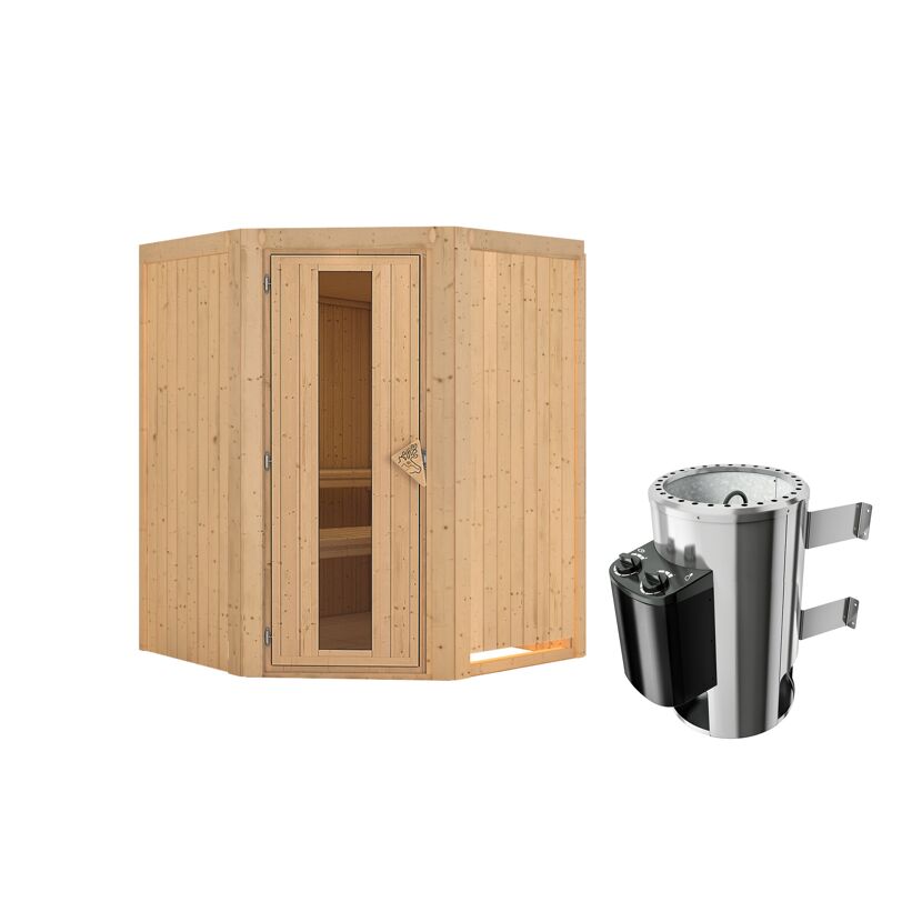 Eck-Sauna aus Holz mit Saunaofen