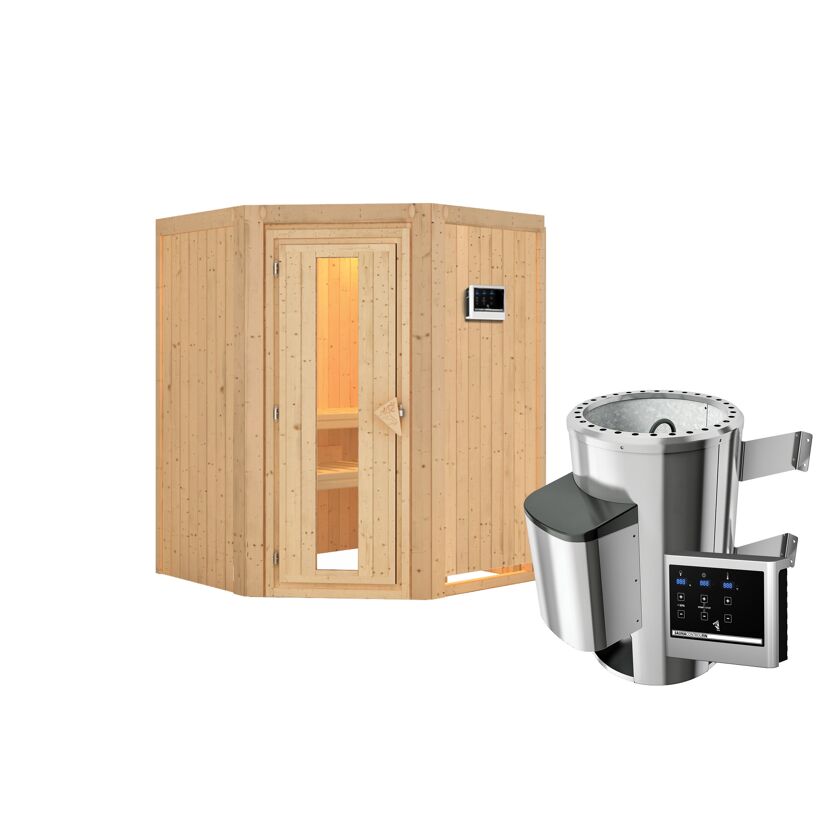 Eck-Sauna aus Holz mit Saunaofen