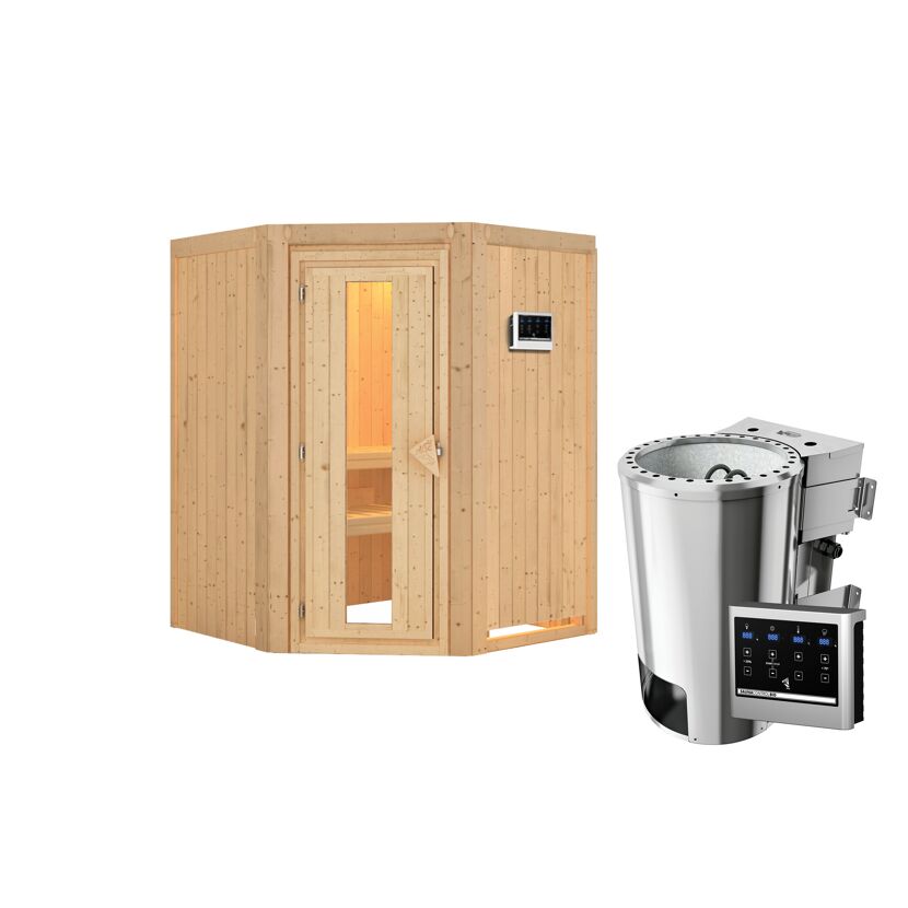 Eck-Sauna aus Holz mit Saunaofen