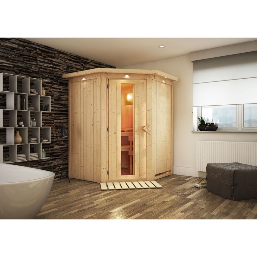 Eck-Sauna aus hellem Holz in einem Badezimmer
