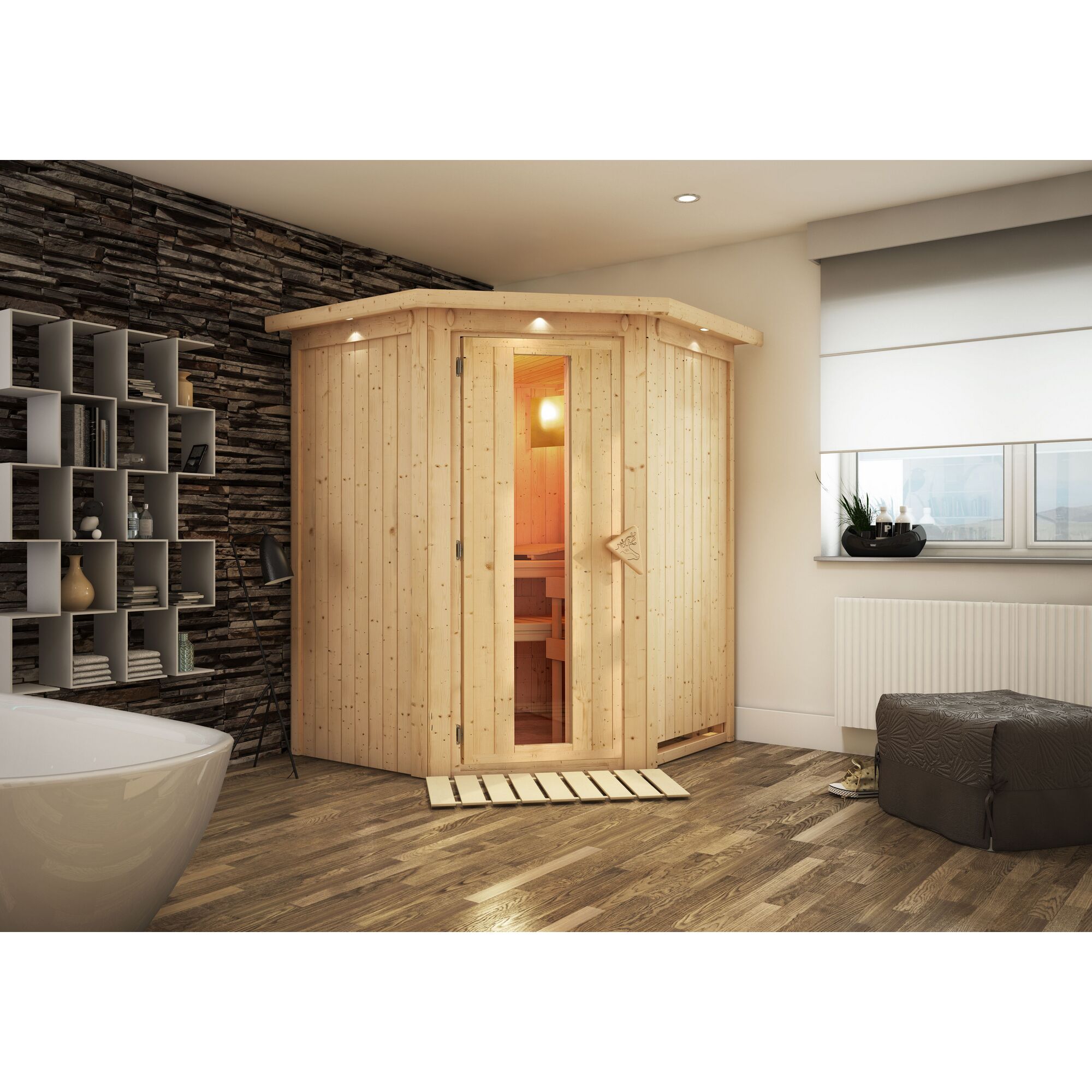 Eck-Sauna aus hellem Holz in einem Badezimmer