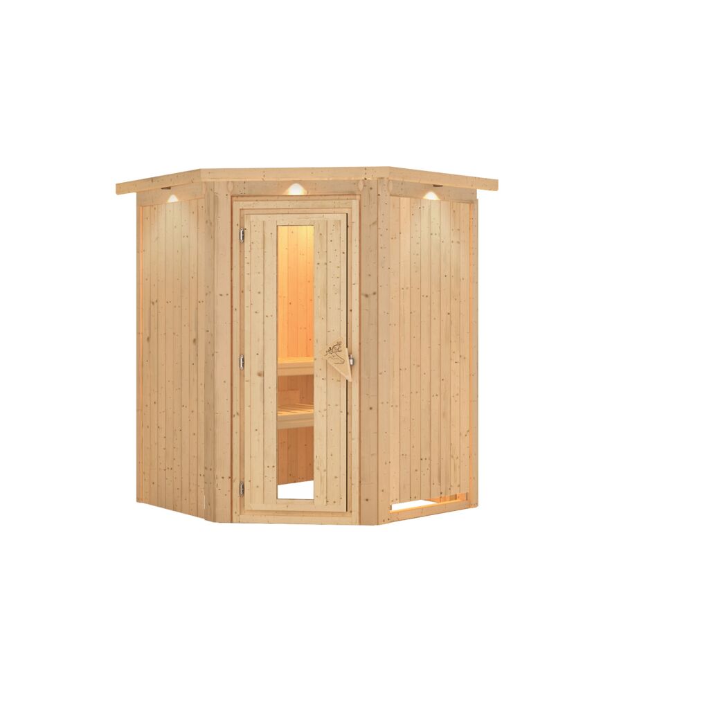 Eck-Sauna Valeria aus hellem Holz.