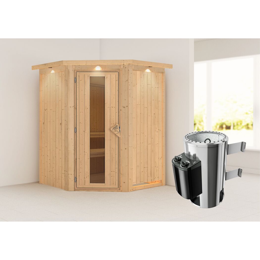 Elementsauna 'Valeria' naturbelassen mit Energiespartür und Kranz 3,6 kW Ofen integrierte Steuerung 165 x 165 x 202 cm