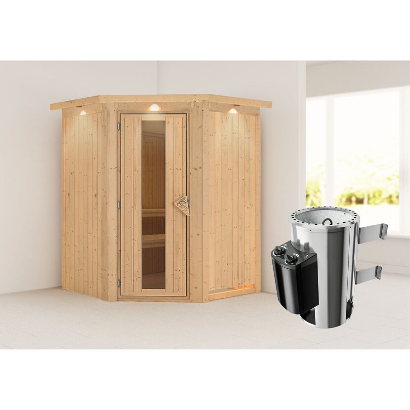 Elementsauna 'Valeria' naturbelassen mit Energiespartür und Kranz 3,6 kW Ofen integrierte Steuerung 165 x 165 x 202 cm
