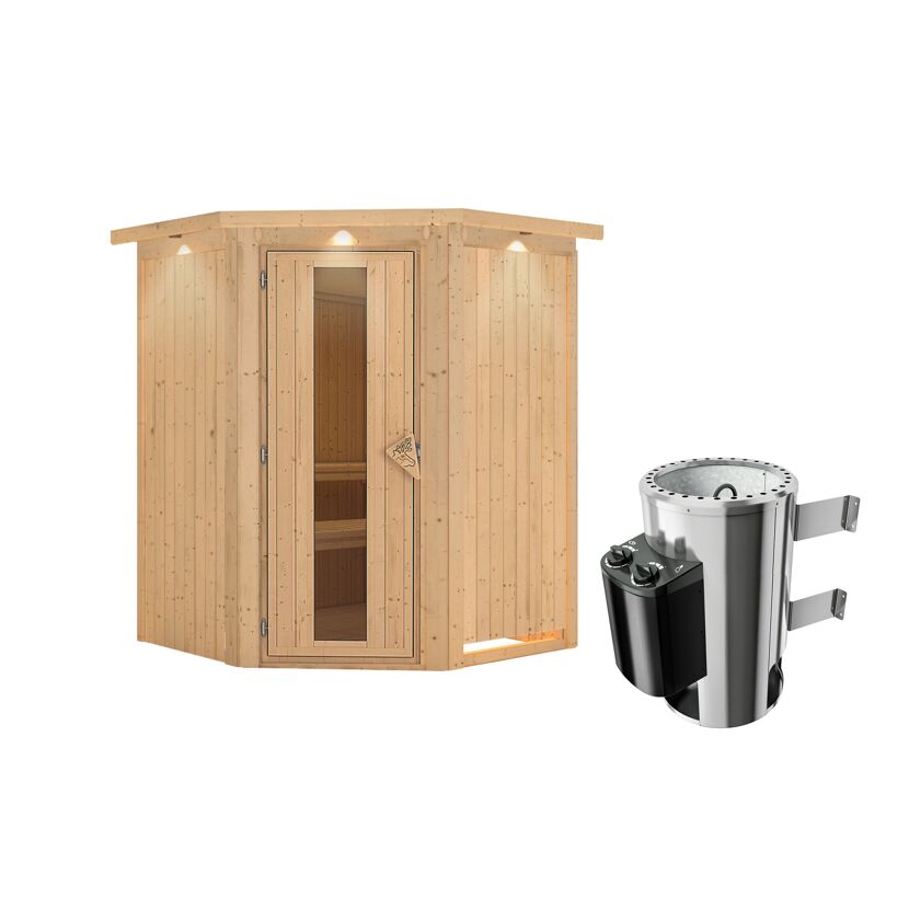 Elementsauna 'Valeria' naturbelassen mit Energiespartür und Kranz 3,6 kW Ofen integrierte Steuerung 165 x 165 x 202 cm