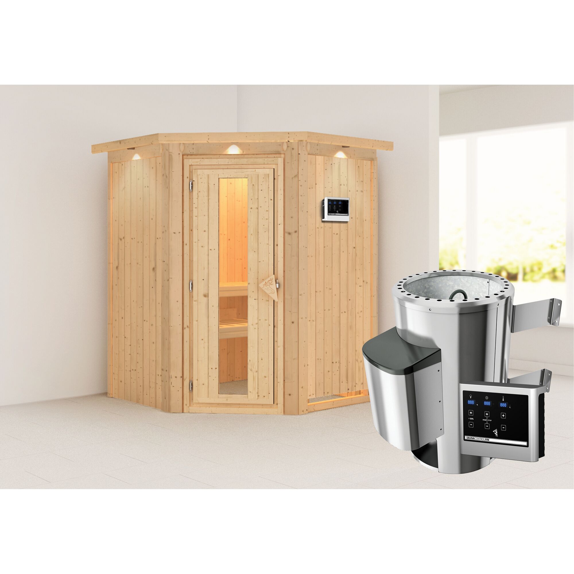 Eck-Sauna aus Holz mit Saunaofen