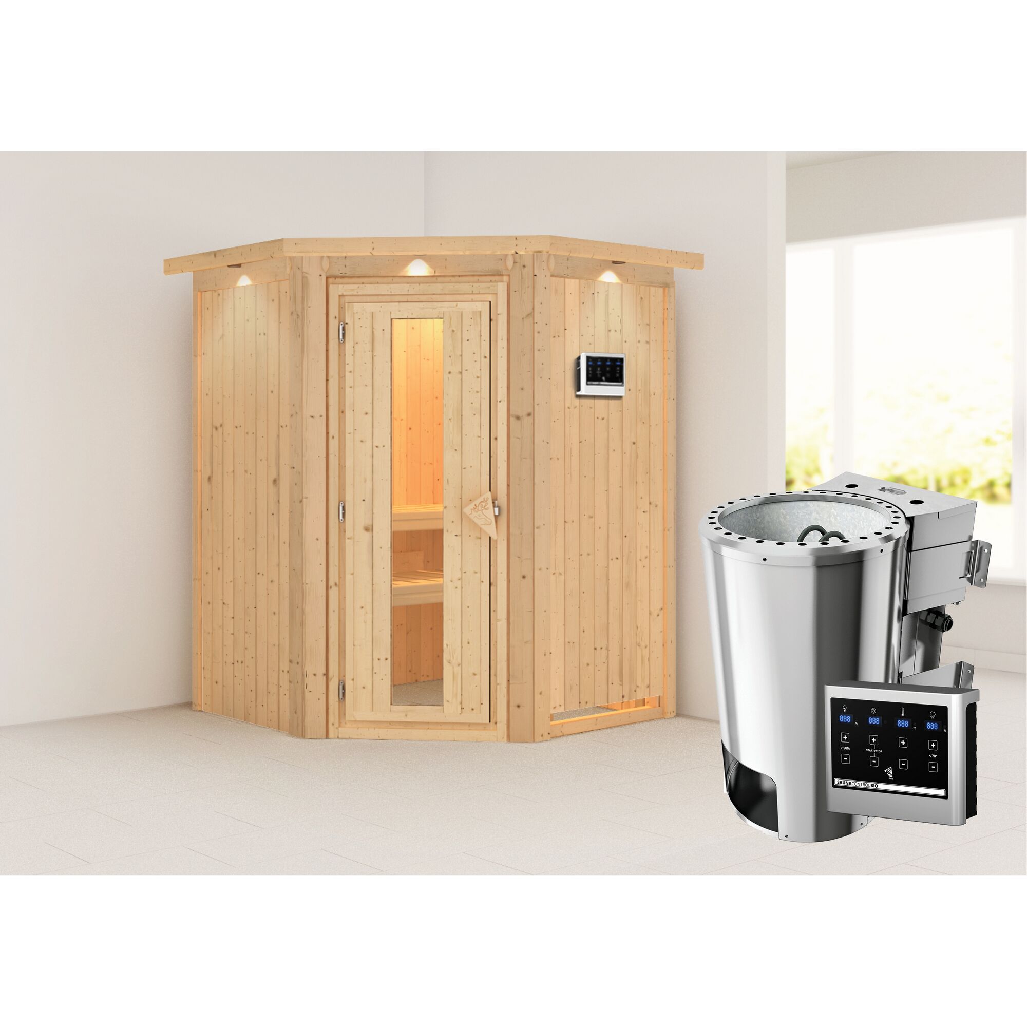 Ecksauna aus Holz mit Saunaofen