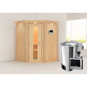 Elementsauna 'Valeria' naturbelassen mit Energiespartür und Kranz 3,6 kW Bio-Ofen externe Steuerung Easy 165 x 165 x 202 cm