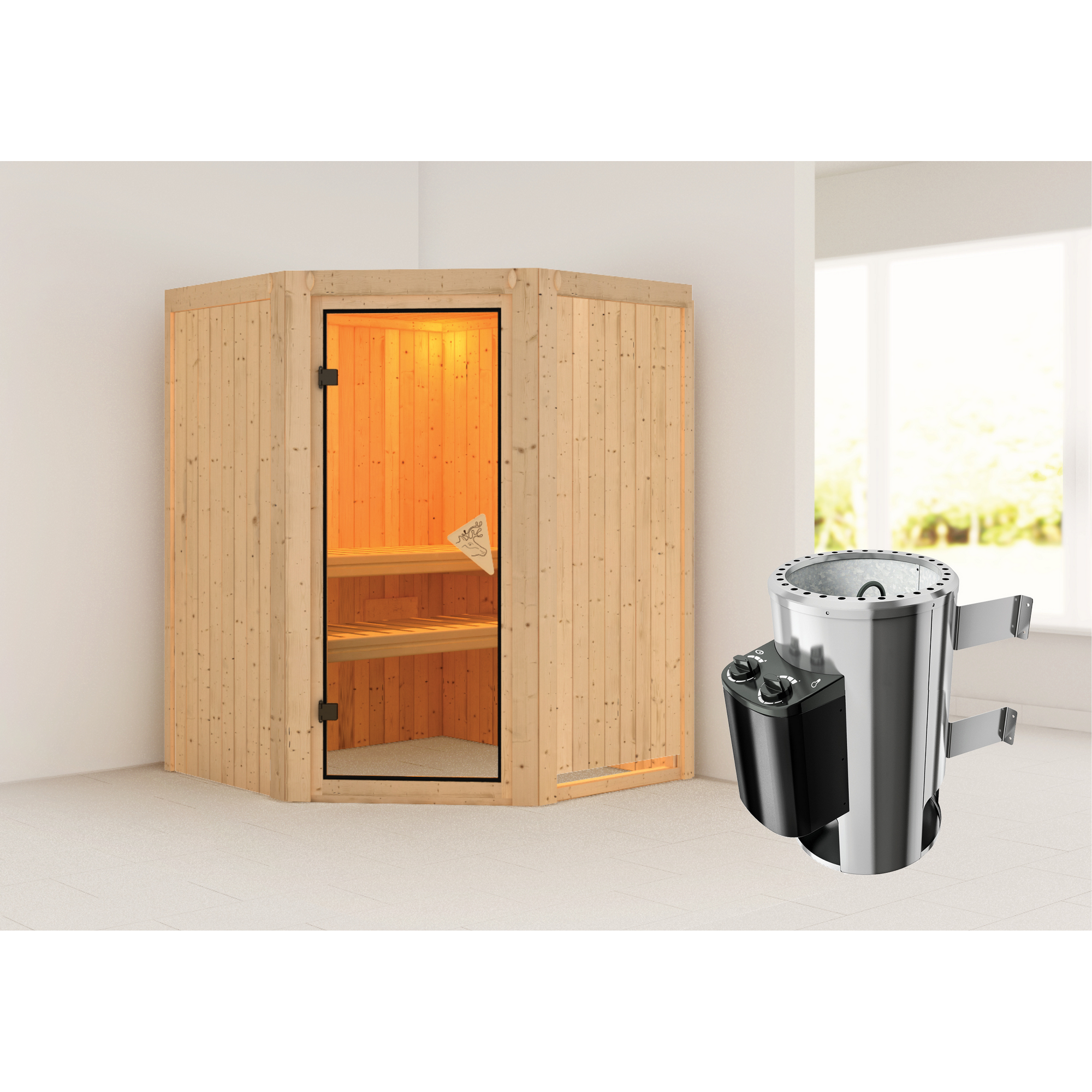 Elementsauna 'Valeria' naturbelassen mit bronzierter Tür mit 3,6 kW Ofen integrierte Steuerung 151 x 151 x 198 cm + product picture