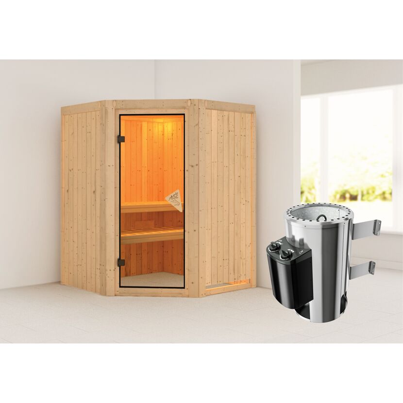 Elementsauna 'Valeria' naturbelassen mit bronzierter Tür mit 3,6 kW Ofen integrierte Steuerung 151 x 151 x 198 cm