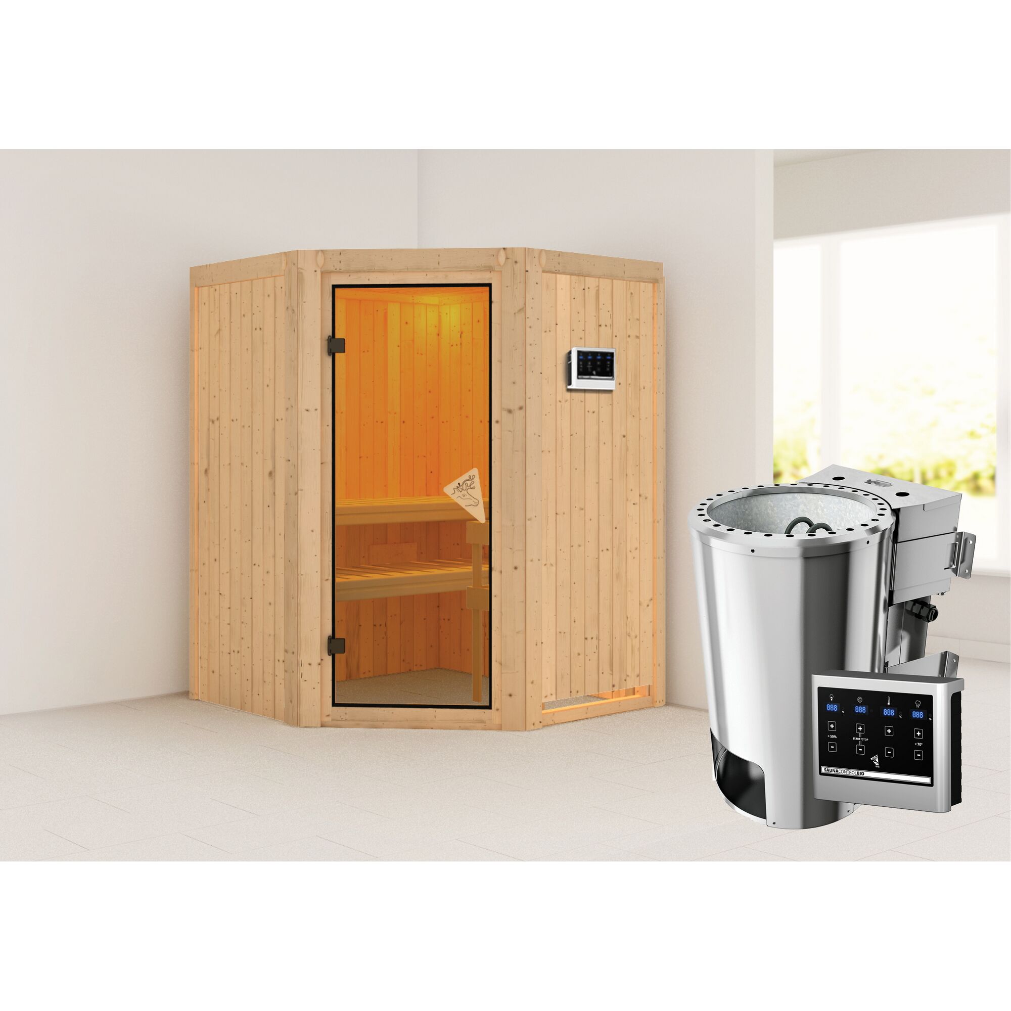 Eck-Sauna aus Holz mit Saunaofen