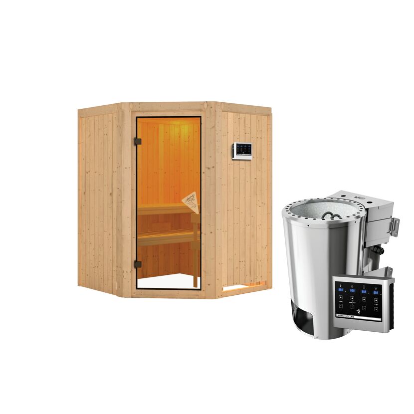 Eck-Sauna aus Holz mit Saunaofen