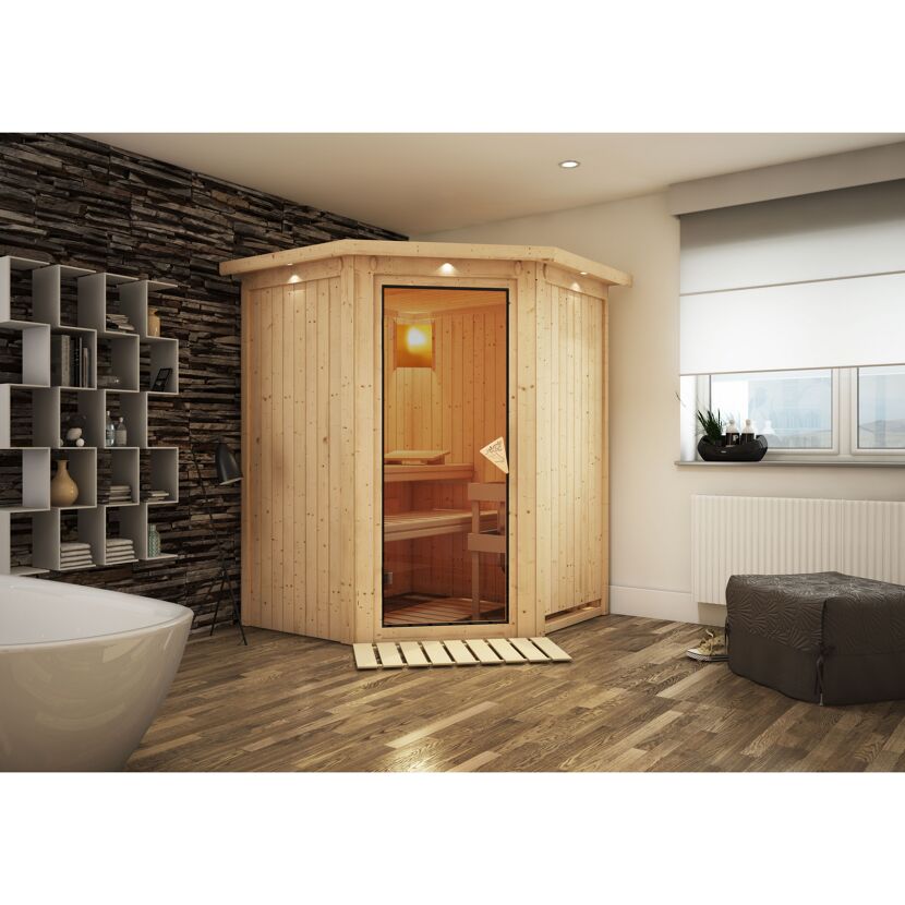 Ecksauna Valeria aus Holz in einem Badezimmer