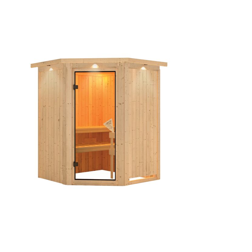 Eck-Sauna Valeria aus hellem Holz mit offener Tür