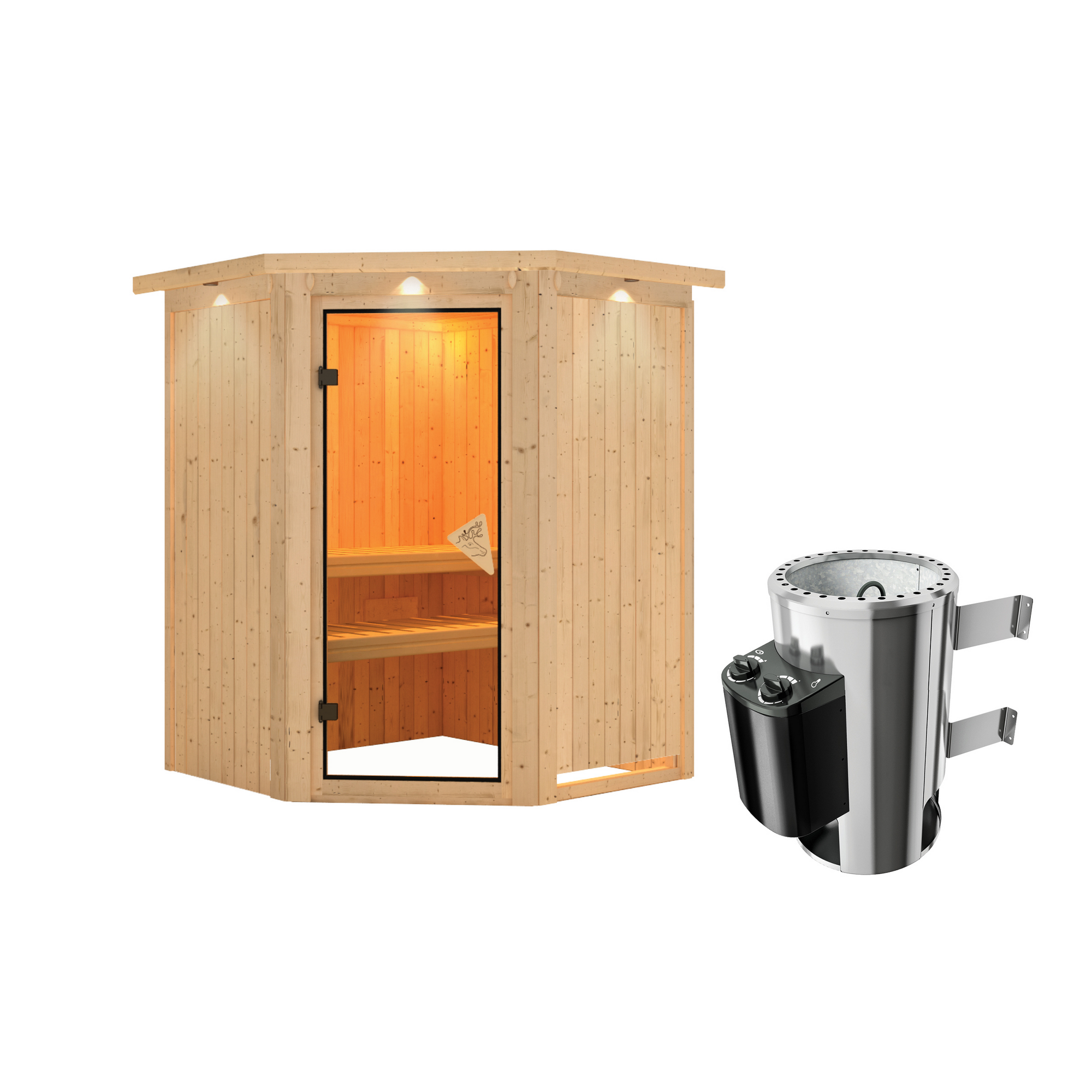 Elementsauna 'Valeria' naturbelassen mit Kranz und bronzierter Tür mit 3,6 kW Ofen integrierte Steuerung 165 x 165 x 202 cm + product picture