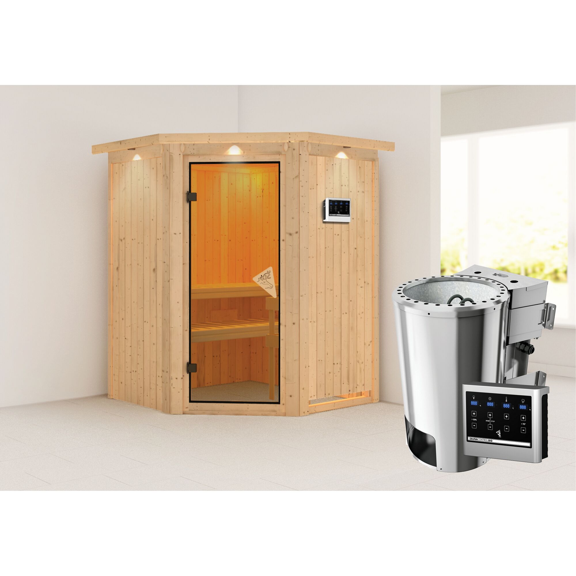 Eck-Sauna aus Holz mit Saunaofen