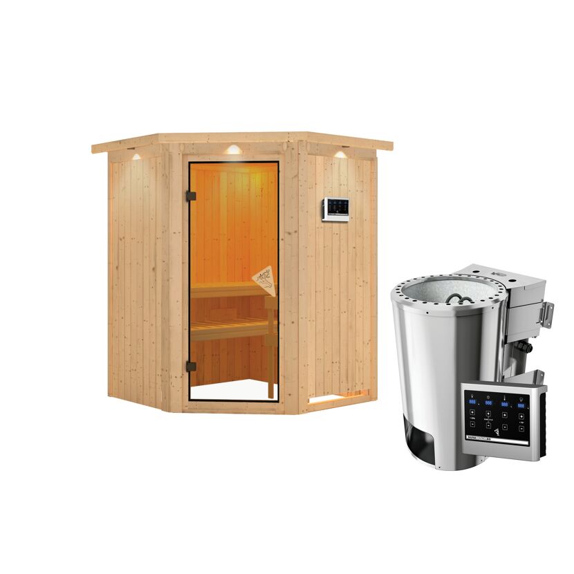 Eck-Sauna Valeria aus hellem Holz mit Saunaofen