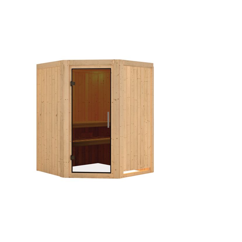 Ecksauna Valeria aus hellem Holz mit offener Glastür.