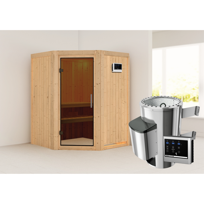 Bild von Elementsauna 'Valeria' naturbelassen mit graphitfarbener Tür 3,6 kW Ofen externe Steuerung Easy 151 x 151 x 198 cm