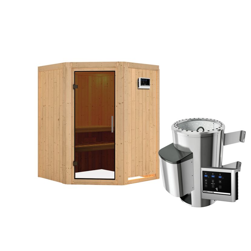 Elementsauna 'Valeria' naturbelassen mit graphitfarbener Tür 3,6 kW Ofen externe Steuerung Easy 151 x 151 x 198 cm