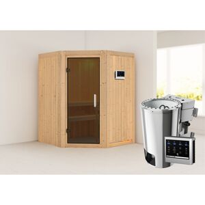Elementsauna 'Valeria' naturbelassen mit graphitfarbener Tür 3,6 kW Bio-Ofen externe Steuerung Easy 151 x 151 x 198 cm