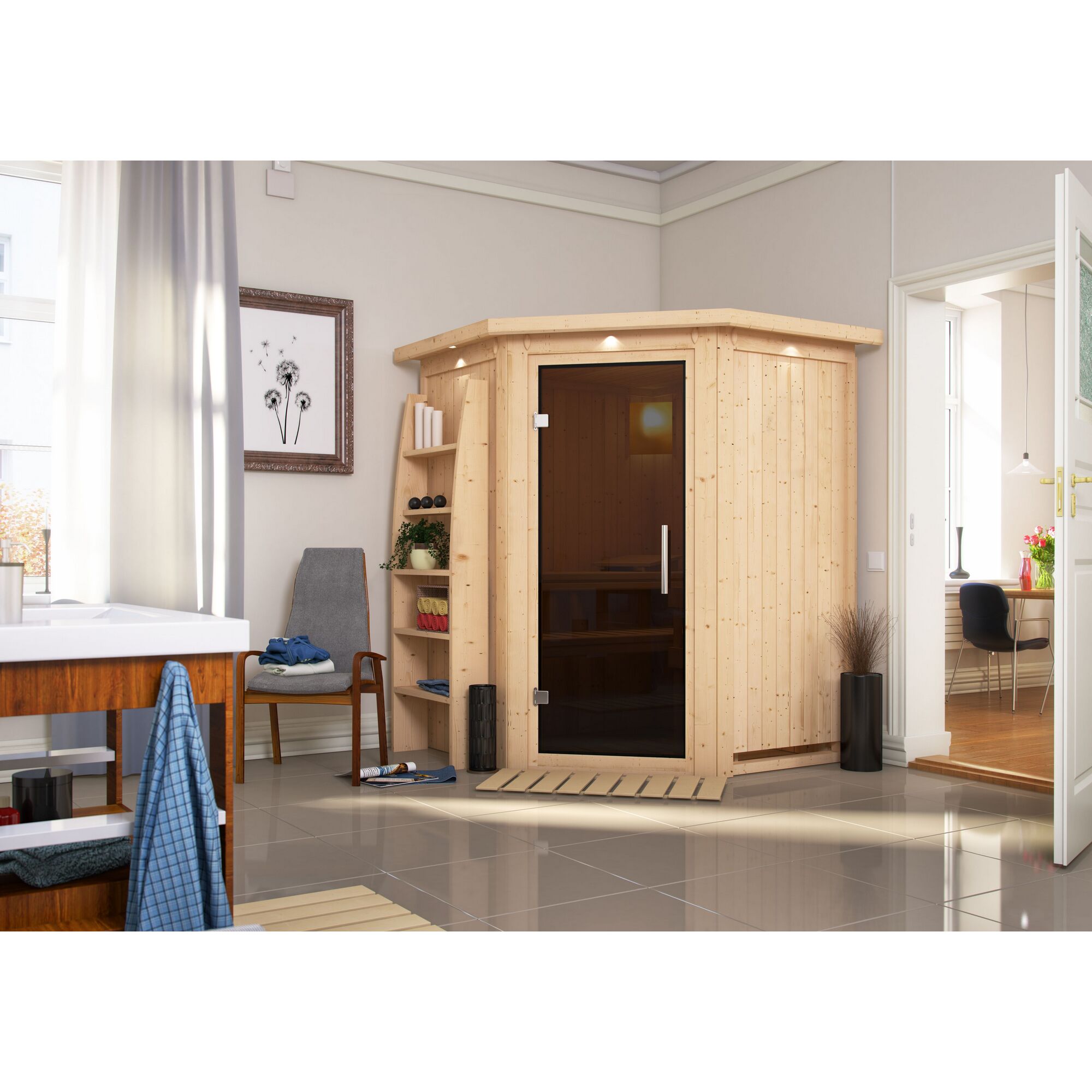 Eck-Sauna aus hellem Holz in einem Badezimmer